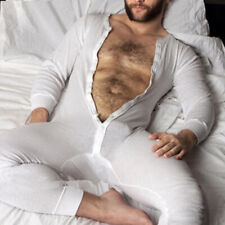 Stretch Nightwear Jumpsuit Playsuit Long Johns Men's V Neck Top Leotard Bodysuit