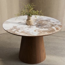 Round Walnut and Marble Effect Pedestal Dining Table - Seats 4 - Malia MAL001A