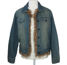 Y2K Vintage Denim Jacket Size AU10 US6 Blue Jean Faux Fur Trim Festival Boho