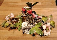 Vintage Painted Metal Tole Ware Centre Piece Birds On Strawberry Plant