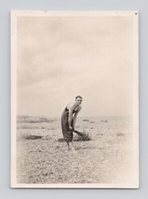 Old B&W Photo Man Cricket Bat Beach 1932