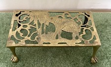 Antique Brass Fireside Trivet - Elephant & Palm with Paw Feet