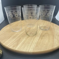 Edwardian Tall Tumblers Clear Glasses Etched Vintage Needle Etched Daisy Floral