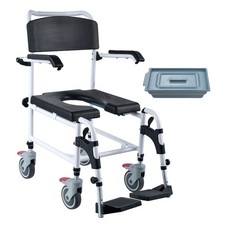 Shower Commode Wheelchair Chair with 4 Lockable Wheels Flip-up Arms 350LBS