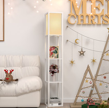 Floor Lamp with 3-tier Shelves Standing Light Bedroom Living Room White Wood