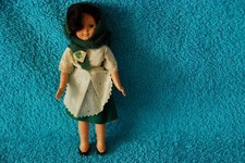 Vintage costume Doll Ireland, 8”, green linen dress, apron,  1960s/70s