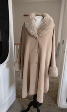 Jacques Vert Fur Cashmere wool Cape Coat Camel Beige 12 14 16 18 20 22 