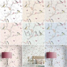 PHOEBE BIRDS WALLPAPER - PASTEL FLORAL BUTTERLY - VARIOUS COLOURS