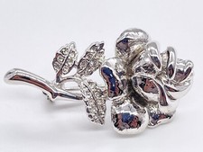Rose Brooch With Diamante Accents Silver Tone Plated Metal