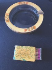 rare Vintage Enamel & Glass Art Deco Ashtray with flower design and Match Box 