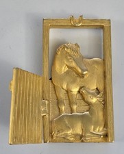 Horse & Baby in Stable Magnet With Movable Door Opens & Closes Gold Color