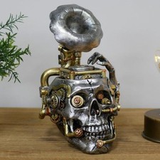 Steampunk Skull Ornament Resin Record Player Music Gothic Decor Bronze Figurine