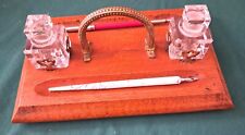 Edwardian Oak Ink Stand With 2 Dip Pens and Inkwells
