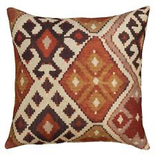 Linen Printed Kilim Ikat Extra-Large Cushion. 23" XL Square. Terracotta Orange.