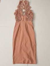 Rare London Blush Nude Lace Dress Fitted Pencil Size 8 Halterneck Occasion Party
