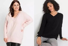 Ex  Evans Outsize Ladies Plus Size Baggy Ribbed V Neck Jumper Pink Black