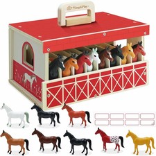 Wooden Horse Stable Playset, 8pcs Horse Toys with Take-along Horse Stable and N