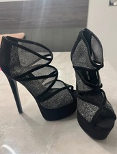 RIVER ISLAND PLATFORM HEELS BLACK SILVER GLITTER SPARKLE EXTREME STILETTO UK 5