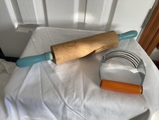 Vintage Wooden Kitchen Pastry Rolling Pin With Blue Handle And pastry Blender