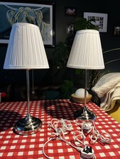 2IKEA Arstid Nickel Crome Lamp Pull Cord Bedside Table Light Matching Shade 54cm