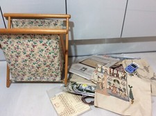 Vintage Knitting Sewing Tapestry Basket Folding Wood Frame Stand Floral Fabric