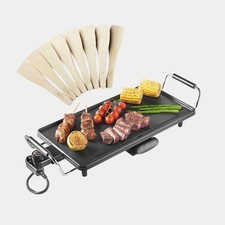 Electric Teppanyaki Grill with Non-Stick Plate, Drip Tray & 8 Spatulas