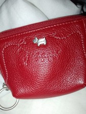 RADLEY red Leather Coin Purse, attached key chain. Stitch design and silver dog.