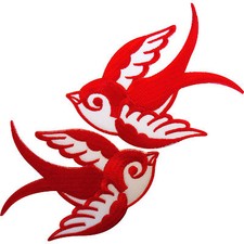 Pair Red White Iron On Swallow Bird Patches Sew On Embroidered Biker Patch Badge