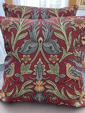 Red William Morris Style Strawberry Thief Tapestry Cushion Covers Set Of 2
