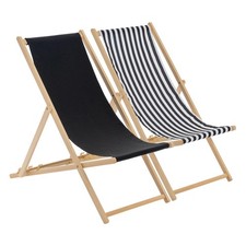 2x Folding Wooden Deck Chairs Adjustable Canvas Beach Lounger Black/Stripe