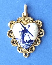 Vintage Delft Heart Shaped Pendant - Probably Silver - Windmill Motif - No Chain