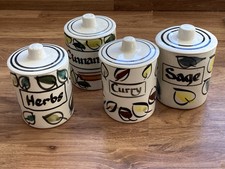 Vintage Geoffrey Maund Handmade 4 Herb Spice Pots Lid Herbs Sage Curry Cinnamon