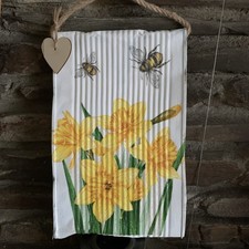 Decorative Daffodils And Bumble Bee recycled Tin Wall Hanger Twine Wooden Heart