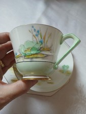 Art Deco Paragon Fine English Bone China Water Lily Trio Cup Saucer Plate Green 