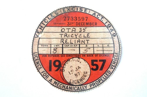 Tax disc reliant tricycle ota - reliant,