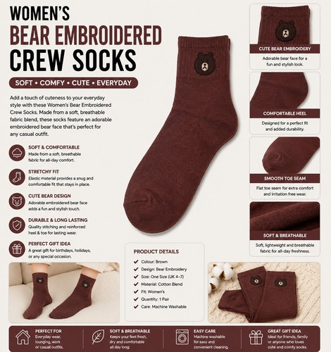 Women brown bear crew socks - brown,
