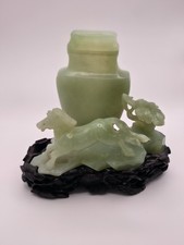 Vintage Chinese Jade Lidded Urn with Horse & Tree Carving On Wooden Base