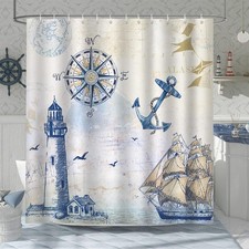 Bonhause Nautical Sailboat Shower Curtain for Bathroom Lighthouse Compass Ancho
