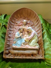Nativity Scene Porcelain Antique silk ribbon restoration German home altar music