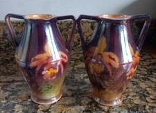Pair Art Deco Royal Winton pottery Iridescent Twin handle Vase urn Pots C.1934+