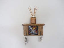 Cat 2 hook key / lead holder wall shelf reclaimed wood Black Mexican tiles