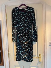 ISSA designer black bodycon mini dress size 14 green & silver star print