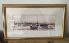 Gold Framed Ray Balkwill Watercolour Print Harbour Scene Boats Nautical Art