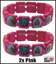 2X PINK Wooden Elasticated Saints Bracelet Jesus Wristband Religious Saints NEW