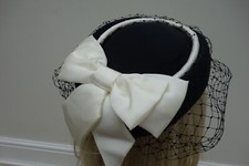 Pill Box Royal Style Percher Hat  With Veil Black & cream, vgc