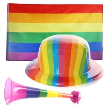 PRIDE PARADE BOWLER HAT, FLAG + VUVUZELA LGBTQ PARADE RAINBOW FLAGS FESTIVAL LOT