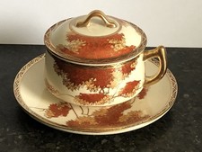 STUNNING VINTAGE JAPANESE SATSUMA PORCELAIN LIDDED CUP AND SAUCER