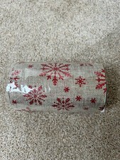 1 metre - Hessian style Ribbon Wx14cm, Red Glitter Snowflakes (unwired)