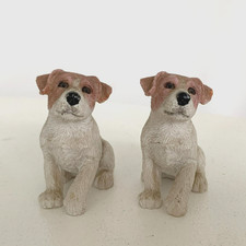 2 Vintage Jack Russell Dog Figurines, Brown & White Puppies Ornament 2"