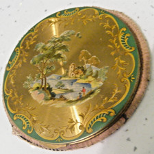 Vintage 1950s powder compact classical graden scene green enamel edge gold tone